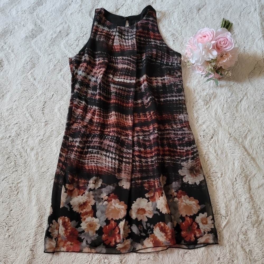 Miss Miss Sleeveless Wavy Plaid Floral Print Hem Crew Neck Dress Size M